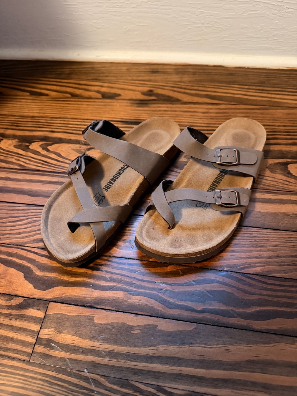 Women's Taupe Double-Buckle Toe Loop Sandals